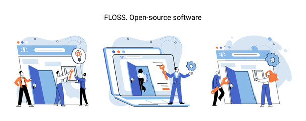 FLOSS open source software. Code of created program open available for viewing modification. Use of already created code to create new versions of programs to correct errors refinement of open program