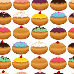 Hanukkah donuts pattern. Jewish trditional Hanukkah sweets background. Doughnuts print. Syfganiyot donuts isolated on blue backdrop. Happy Hanukkah food texture, fabric, textile tasty texture. 