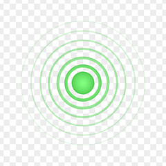 Green concentric point. Symbol of recovery, healing, target, painkilling. Round localization icon. Radar, sound or sonar wave sign on transparent background. Vector illustration