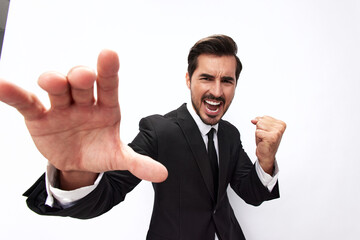 Portrait of a man in an expensive business suit close-up wide-angle lens pulling his hands into the...