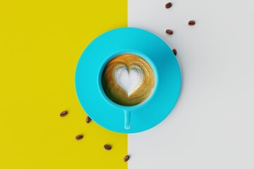 Top view of a blue cup of coffee on a yellow pastel background and a coffee zone. Concept of drinking coffee, cafe. Energy. 3d rendering, 3d illustration.