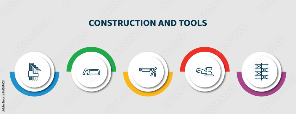 Wall mural editable thin line icons with infographic template. infographic for construction and tools concept. included allen keys, metal saw, caulk gun, sanding hine, scaffolding icons.