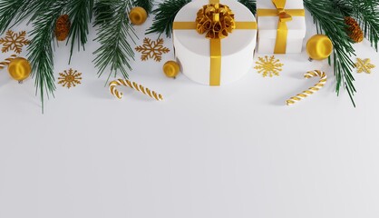 Decoration for Christmas on a light background with arranged snowflakes, gifts, pine cones, baubles and a candy cane. Concept for Christmas and gift giving. Shopping. 3D render, 3D illustration.