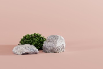 Granite stones on a yellow background, leaf shadow and green plants. Concept of abstract background, background for products and product image. 3D render, 3D illustration.