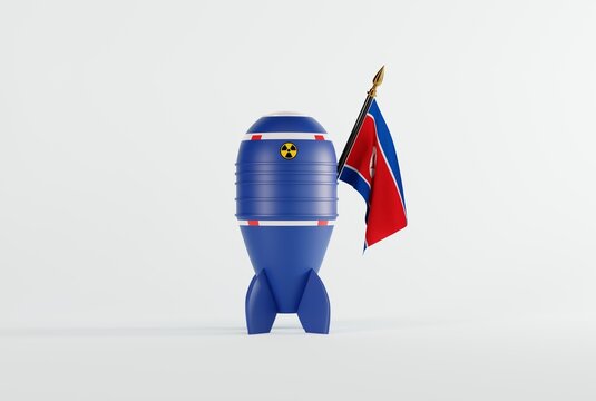 Bomb and flag of North Korea. The concept of a nuclear bomb threat by North Korea. 3D render, 3D illustration.
