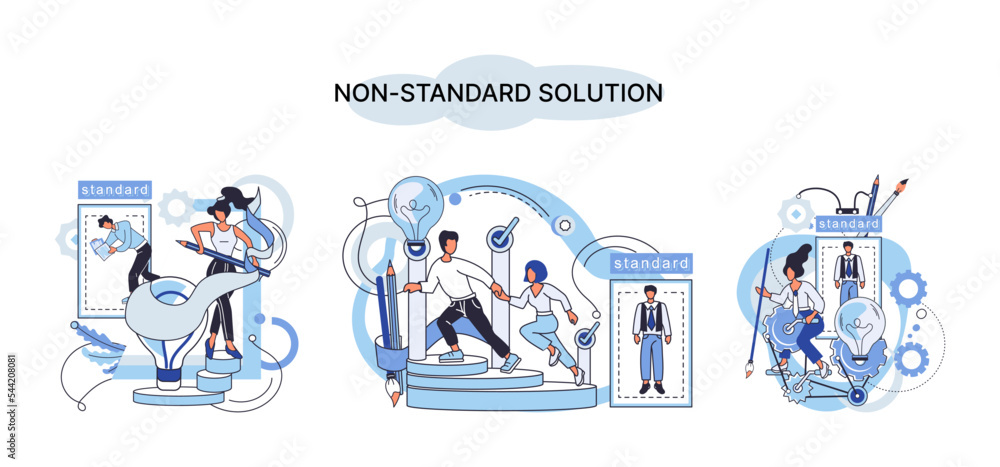 Poster non standart solution solving problem metaphor, answer to question or creativity idea innovation hel