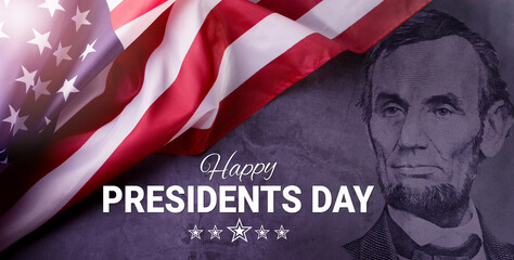 Happy Presidents Day Concept with the US national Flag against a portrait of Abraham Lincoln cut of...