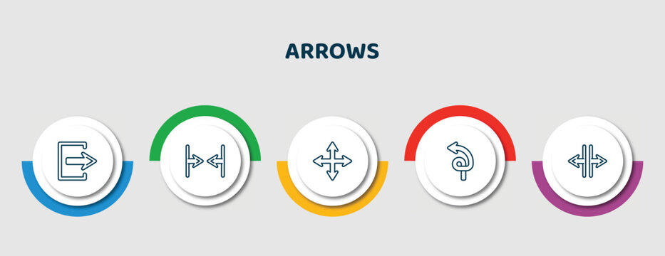 editable thin line icons with infographic template. infographic for arrows concept. included exit right, horizontal merge, drag, spiral arrow, horizontal resize icons.