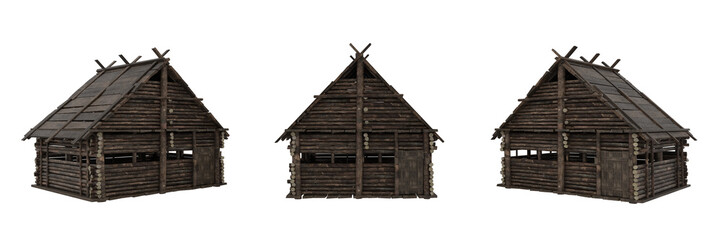 Medieval viking wooden house. 3D illustration from 3 angles isolated.