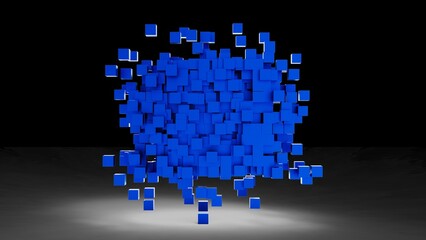 A set of many metallic blue cubes that are collapsing under black lighting background. Conceptual 3D CG of blockchain, financial system and personal data analysis.