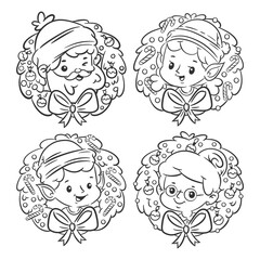 Hand drawn Christmas character set of coloring