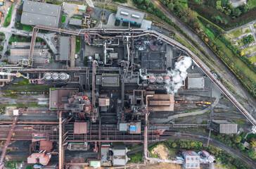 Aerial view of ThyssenKrupp steel plant blast furnace with communications routing network