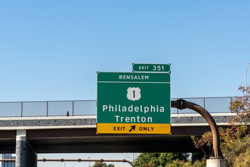 exit 351 sign at Bensalem on the Pennsylvania Turnpike for Route 1 toward Philadelphia and Trenton,...
