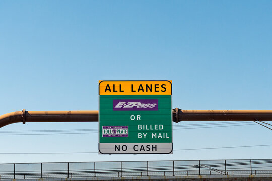 Bensalem, PA - Oct. 22, 2022: E-ZPass sign with Toll by Plate information