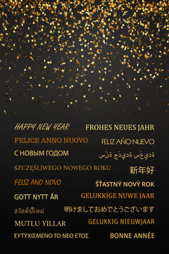 Golden stars falling in front of a dark gray background. Good luck concept. "Happy New Year" in 18 different languages at the bottom