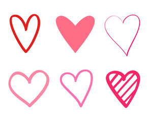 Colorful grunge hearts on isolated white background. Hand drawn set of love signs. Unique abstract image for design. Line art creation. Colored illustration. Elements for poster or flyer