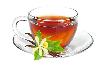 Cup of tea with fresh tea leaves on a saucer transparent background PNG Pro PNG