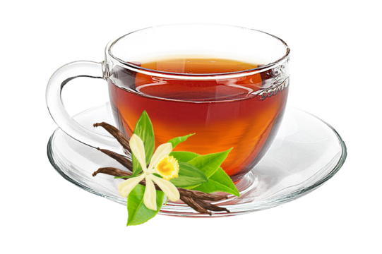 Cup of tea with fresh tea leaves on a saucer transparent background PNG Pro PNG