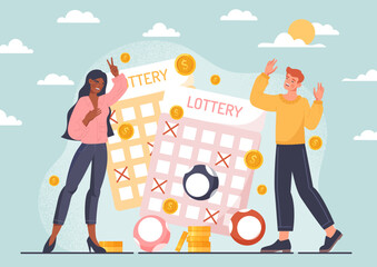 Gambling game concept. Man and woman rejoice next to lottery tickets. Advertising poster or banner for website. Winners and success. Fortuna and game for luck. Cartoon flat vector illustration