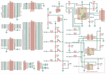 Vector electrical schematic diagram of an digital
electronic device with lcd, operating under the control of a pic microcontroller.
Sheet 1 of 3.