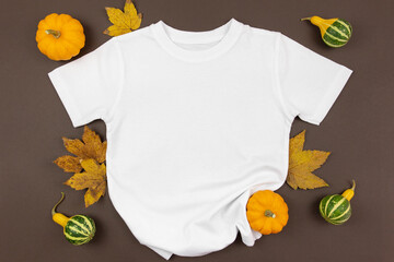 White man or women cotton t-shirt mockup with pumpkins and fallen leaves on dark background. Design...