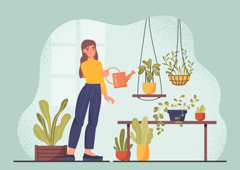 Girl watering flowers. Woman gardening. Nature and ecology. Poster or banner for website. Comfort and coziness in apartment. Decor element and interior for room. Cartoon flat vector illustration