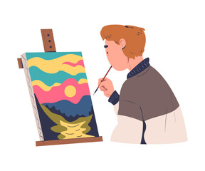 Man Character Drawing Nature Landscape with Easel and Brush on Canvas Vector Illustration