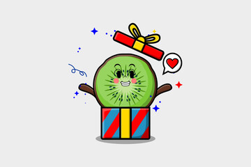 Cute cartoon Kiwi fruit character coming out from big gift box look so happy flat cartoon style