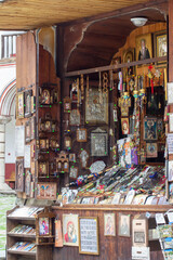 Religious souvenirs and artifacts on display at the Monastery of Saint John of Rila, also known as Rila Monastery, Rila, Bulgaria