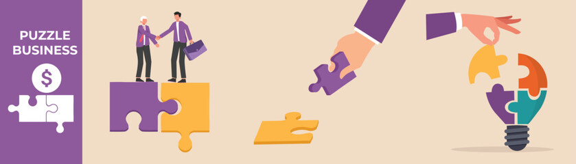 Businessman matching pieces of puzzle and lamp puzzle. Business puzzle piece set concept. Colored flat graphic vector illustration isolated. 
