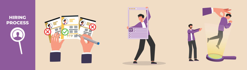 Businessman choose resume of best candidate for interview for open vacancy in office, Candidate take picture for CV and selection staff for dismissal. Hiring process concept. Flat vector illustration.