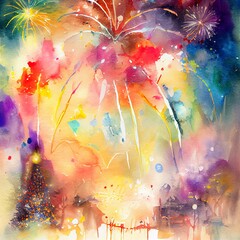 Painted watercolor fireworks for new years celebration. December holiday season. Holiday illustration for design, print, fabric or background.