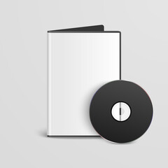 Vector 3d Realistic Black CD, DVD with Paper Cover, Envelope, Case Isolated. CD Box, Packaging Design Template for Mockup. Compact Disk Icon, Front View