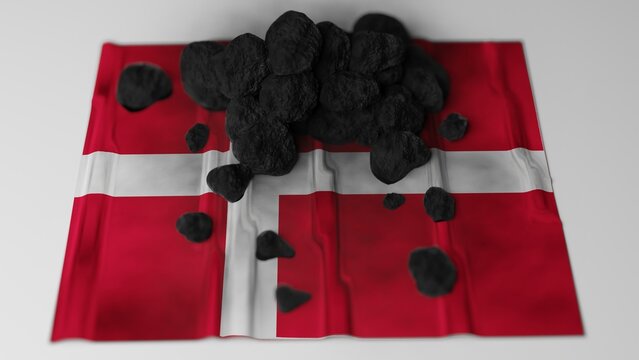 Coal on top of the flag of Denmark (3D render)