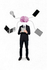 Collage photo of office manager working headless paper brain thinking minded multitask hold tablet...