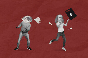 Creative photo 3d collage artwork poster postcard of two strange personages big eye look running...