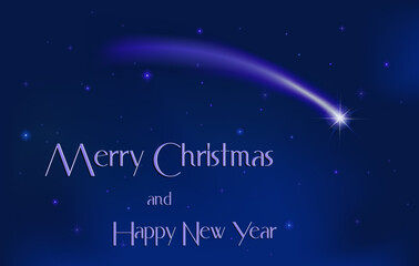 Weihnachtskarte mit Sternenhimmel, Halleyscher Komet und Weihnachtsgrüße, 
Vektor Illustration
