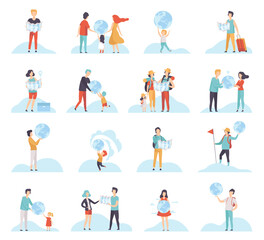Fototapeta premium People Characters with Globe and Map Planning Travel Big Vector Set
