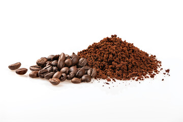 Coffee beans with ground coffee isolated on white