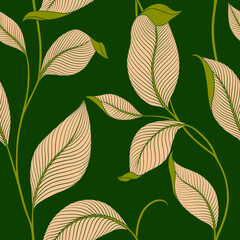 Luxury seamless pattern with striped leaves. Elegant floral background in minimalistic linear style. Trendy line art design element. Vector illustration.