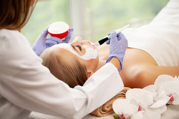 Obraz na płótnie Canvas Woman getting facial care by beautician at spa salon