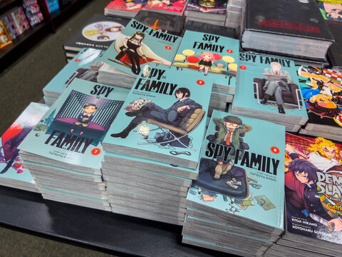 Woodinville, WA USA - circa November 2022: Close up selective focus on Spy X Family manga for sale inside a Barnes and Noble store.