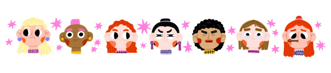 Group of multi ethnic children. Colorful cartoon characters. Funny vector illustration. Isolated on white background. Cute kids emotions collection. Girl different emotional expressions bundle.