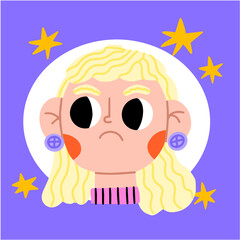 Sad girl head portrait. Cute sad blonde child. Adorable kid student, schoolgirl. Flat vector illustration isolated on white background