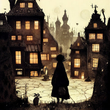 An Ominous Figure In Silhouette Looks Down The Street Of An Eerie Village. Vintage Fairytale Or Storybook Drawing. [Digital Art In The Style Of An Ink And Watercolor Painted Etching]