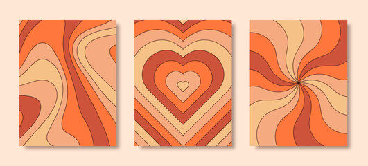 Fototapeta premium Groovy Hippie 70s Posters Set. Vector Psychedelic Background: Rainbow Heart, Sun Rays, Wavy Lines
