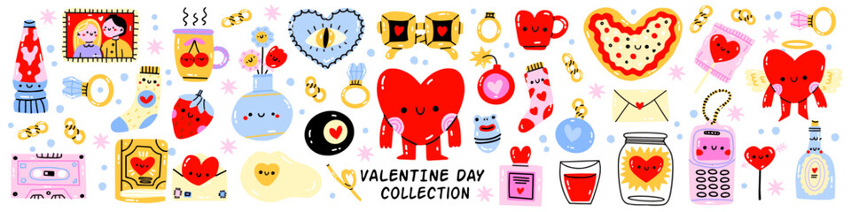 Valentine's Day elements set. Different romantic objects. Vector illustration for planner, love letter or diary. Cartoon wedding journal sticker collection.Heart, glasses, vase of flowers, socks.