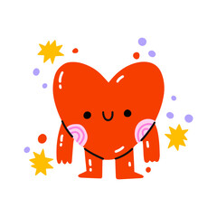 Trendy red cute heart. Vector hand drawn kawaii isolated illustration for t-shirts, postcards, posters, prints. Cartoon  journal sticker.Cartoon heart character. February romantic holiday signs.