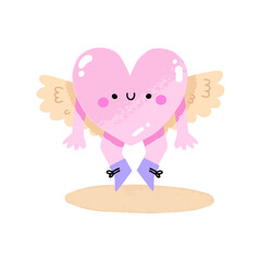 Cartoon heart character. Valentine day concept. Cute love symbol with face flying on wings and smile. Art design for Valentines Day greetings and card, banner, poster, flyer, brochure, print. Kawaii