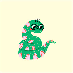 Funny and cute green snake. Adorable baby snake character vector illustration. Happy snake character standing isolated on white background. Childish colored flat vector illustration